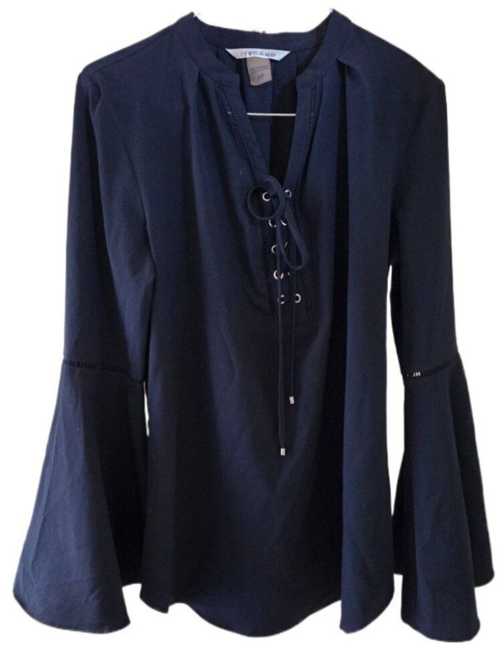 Nygard Navy Blue Lace-Up Bell Sleeve Blouse